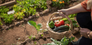Une femme en train de ramasser les légumes dans un potager